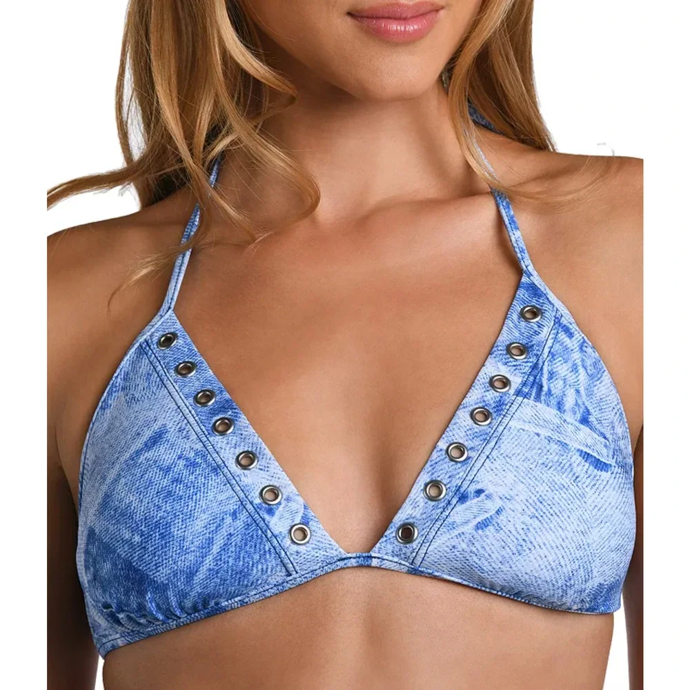 NEW L'AGENCE ANNABELLE DENIM TRIANGLE BIKINI SWIMSUIT SWIM TOP SZ XL